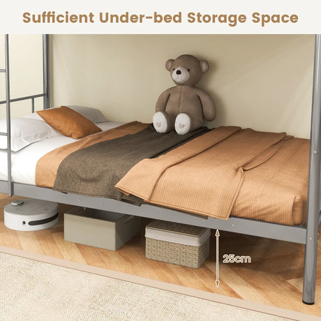Metal Twin Over Twin Bunk Beds with Ladder and Full-length Guardrails-Silver