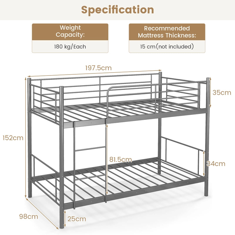 Metal Twin Over Twin Bunk Beds with Ladder and Full-length Guardrails-Silver