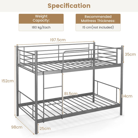 Metal Twin Over Twin Bunk Beds with Ladder and Full-length Guardrails-Silver