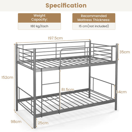 Metal Twin Over Twin Bunk Beds with Ladder and Full-length Guardrails-Silver