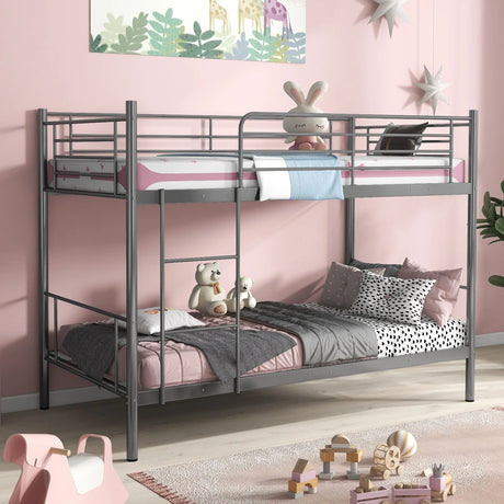 Metal Twin Over Twin Bunk Beds with Ladder and Full-length Guardrails-Silver
