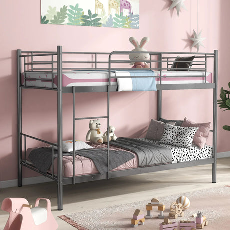 Metal Twin Over Twin Bunk Beds with Ladder and Full-length Guardrails-Silver