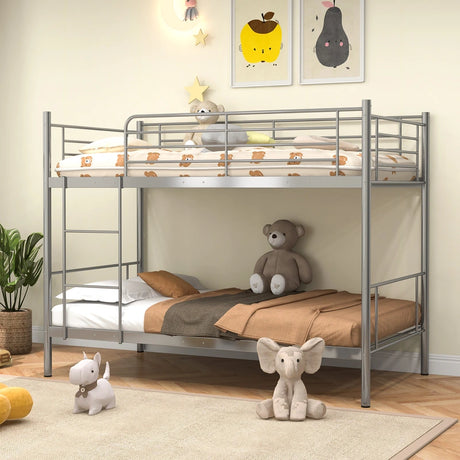 Metal Twin Over Twin Bunk Beds with Ladder and Full-length Guardrails-Silver