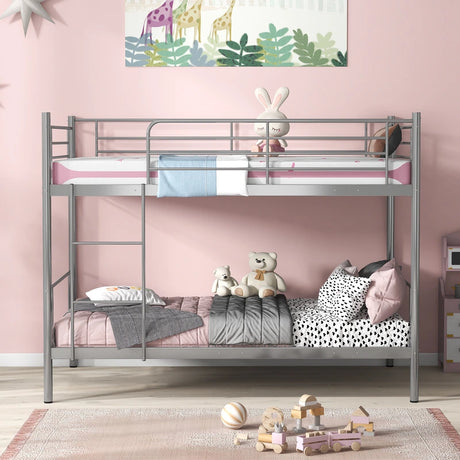 Metal Twin Over Twin Bunk Beds with Ladder and Full-length Guardrails-Silver