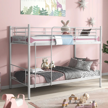 Metal Twin Over Twin Bunk Beds with Ladder and Full-length Guardrails-White