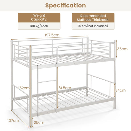 Metal Twin Over Twin Bunk Beds with Ladder and Full-length Guardrails-White