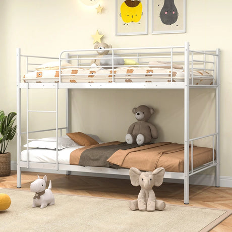 Metal Twin Over Twin Bunk Beds with Ladder and Full-length Guardrails-White