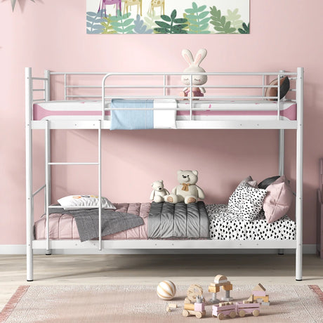 Metal Twin Over Twin Bunk Beds with Ladder and Full-length Guardrails-White