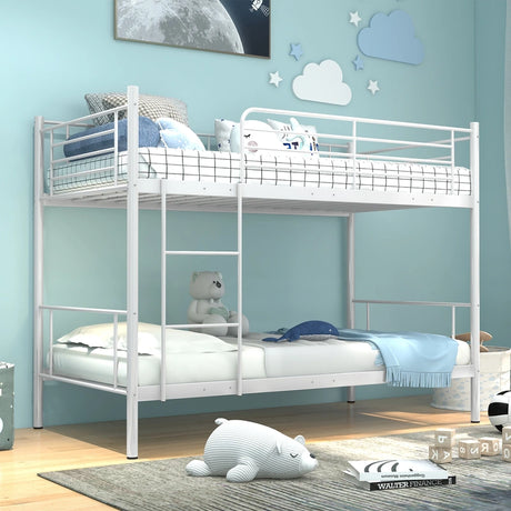 Metal Twin Over Twin Bunk Beds with Ladder and Full-length Guardrails-White