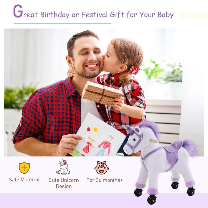 HOMCOM Kids Ride-On Rocking Unicorn, with Realistic Sounds, Handlebars, Purple/White