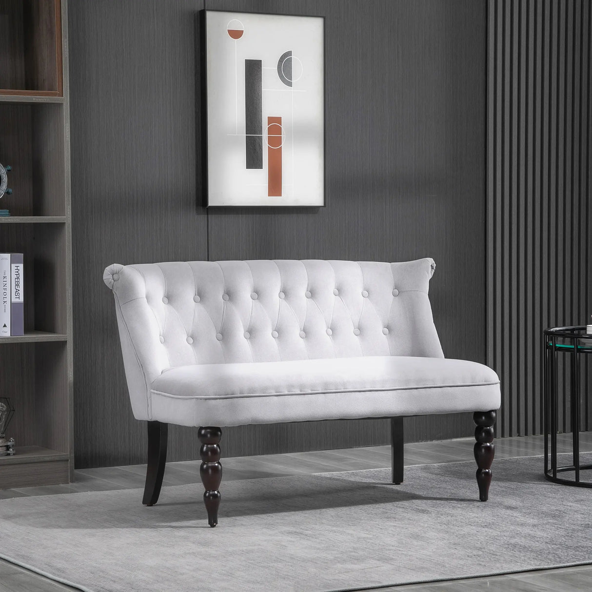 HOMCOM Velvet 2 Seater Sofa, Button Tufted Wingback Loveseat with Rubber Wood Legs for Living Room, Bedroom, Grey