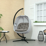Outsunny Hanging Egg Chair Outdoor Indoor Garden Swing Chair with Folding Basket, Garden Hanging Chair with Stand, Thickened Cushion, Cup Holder for Patio, Balcony, Sand Brown
