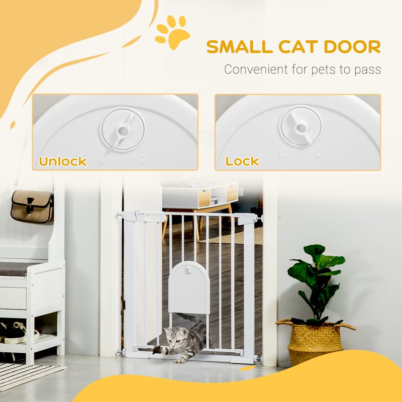 PawHut 75-82cm Pet Safet Gaye, Pressure Fit Stair, with Cat Flap, Double Locking, White