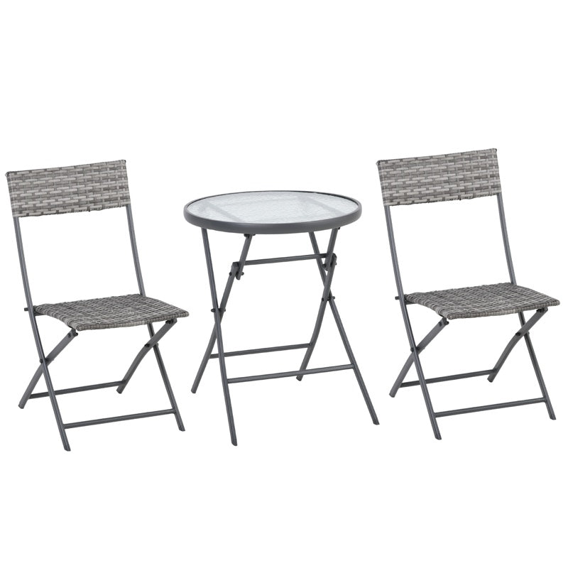 Outsunny 3 Pieces Rattan Bistro Set, Wicker Folding Garden Furniture Set with Glass Top Coffee Table and Chairs for Outdoor, Patio, Balcony, Grey