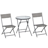 Outsunny 3 Pieces Rattan Bistro Set, Wicker Folding Garden Furniture Set with Glass Top Coffee Table and Chairs for Outdoor, Patio, Balcony, Grey