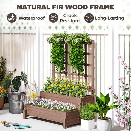 Outsunny 2-Tier Raised Garden Bed with Trellis, Wooden Elevated Planter Box with Drainage Holes, Outdoor Raised Planter for Climbing Plants, Fruits, Vegetables, Flowers, Brown