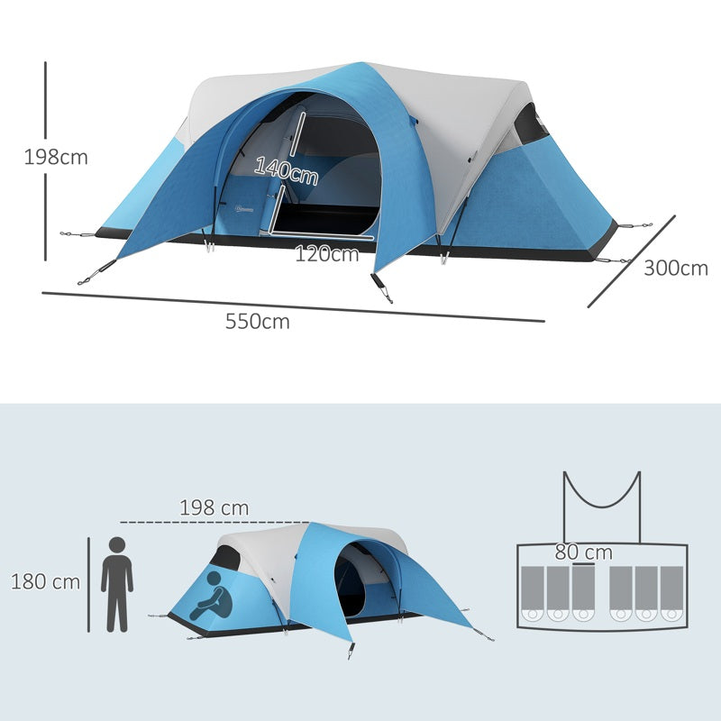 Outsunny 3000mm Waterproof Camping Tent for 5-6 Man, Family Tent with Porch and Sewn in Groundsheet, Portable with Bag, Blue