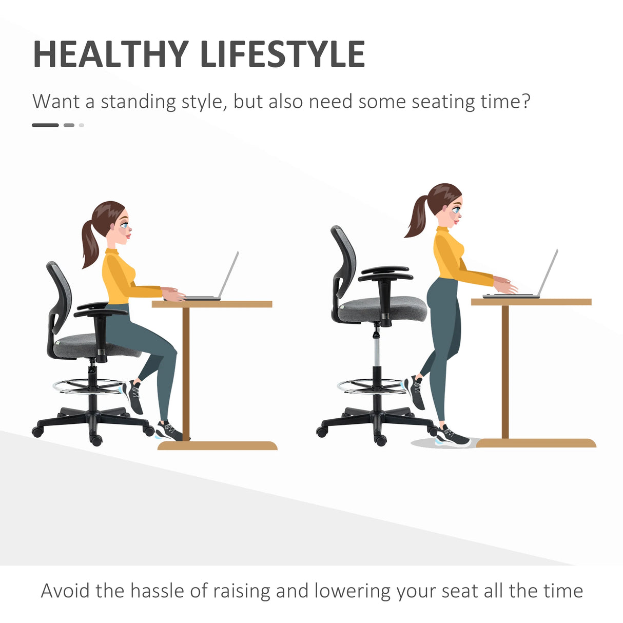 Vinsetto Drafting Chair, Fabric Office Chair, Ergonomic Painting Chair with Height Armrest Adjustable and Foot Ring, 360 Swivel Stool Chair for Standing Desk, Grey