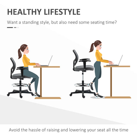 Vinsetto Drafting Chair, Fabric Office Chair, Ergonomic Painting Chair with Height Armrest Adjustable and Foot Ring, 360 Swivel Stool Chair for Standing Desk, Grey