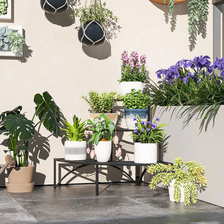 Outsunny Three-Tier Corner Metal Plants Shelves - Black