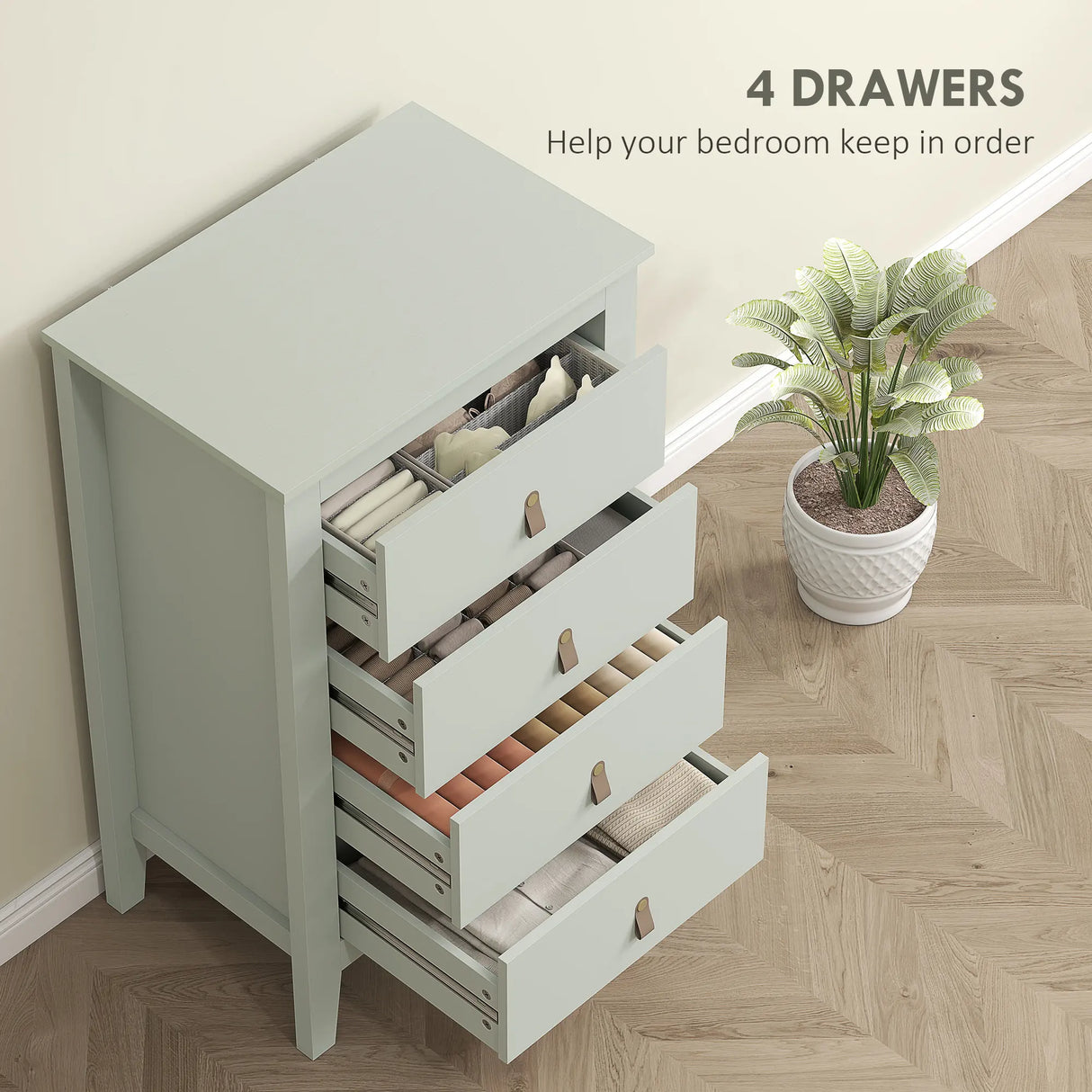 HOMCOM Bedroom Chest of Drawers, Modern 4 Drawer Dresser Cabinet with PU Leather Handles and Metal Runners for Living Room, Hallway, Entryway, Green
