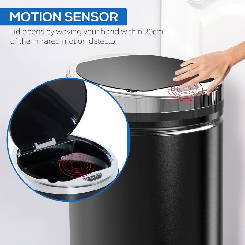 HOMCOM 42L Sensor Bin for Kitchen Waste Automatic Dustbin Motion Detection Dustbin  Stainless Steel Rubbish Can with Bucket, Black