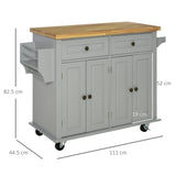 HOMCOM Rolling Kitchen Island Storage Trolley with Rubber Wood Top & Drawers for Dining Room, Grey