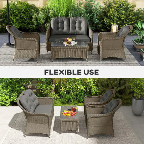 Outsunny Four-Piece Rattan Sofa Set, with Glass-Top Table - Light Grey