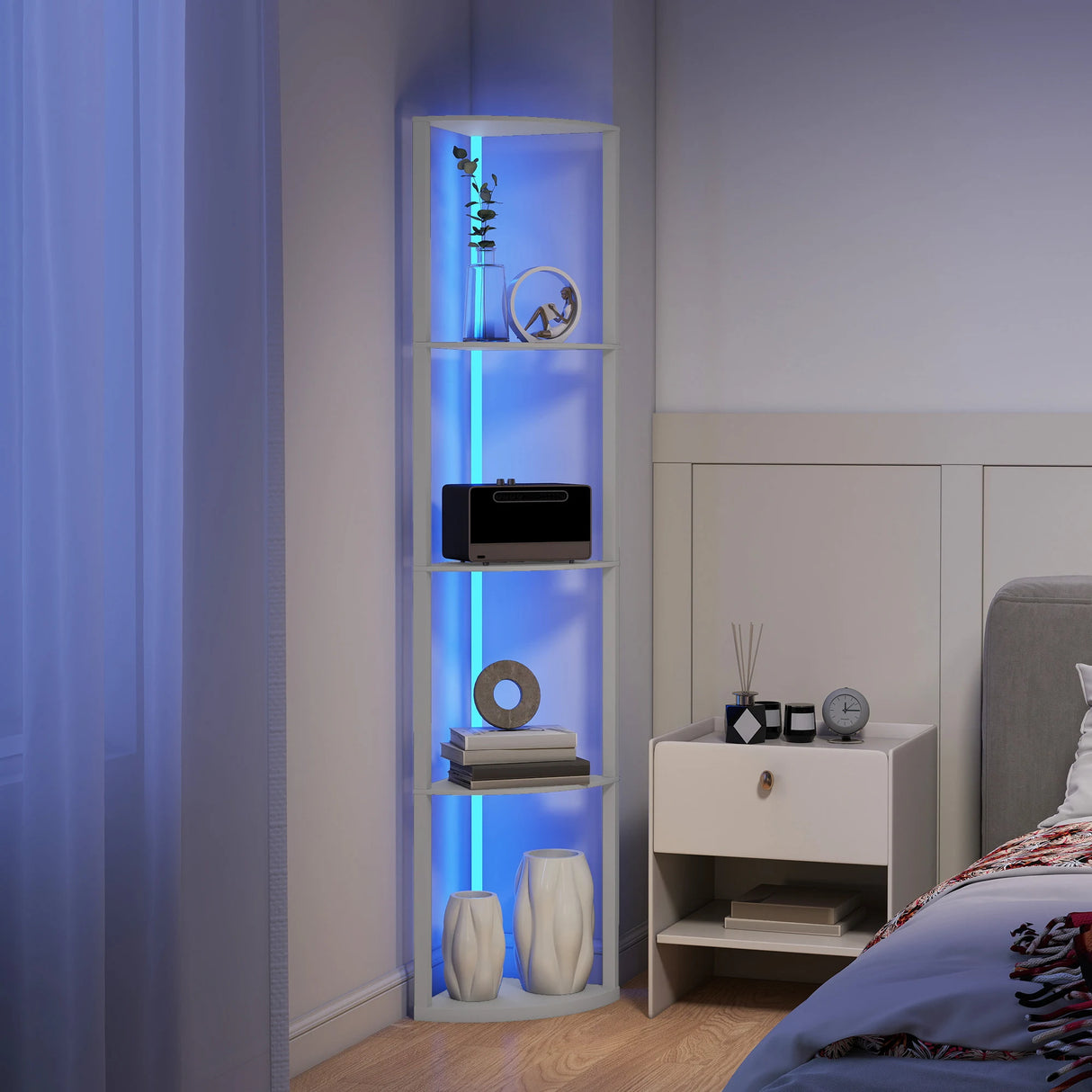 HOMCOM RGB LED Floor Lamp with Shelves, 5-Tier Dimmable Standing Lamp with Adjustable Brightness and Remote Control, Modern Corner Display Shelf Unit for Living Room Bedroom Office, Grey