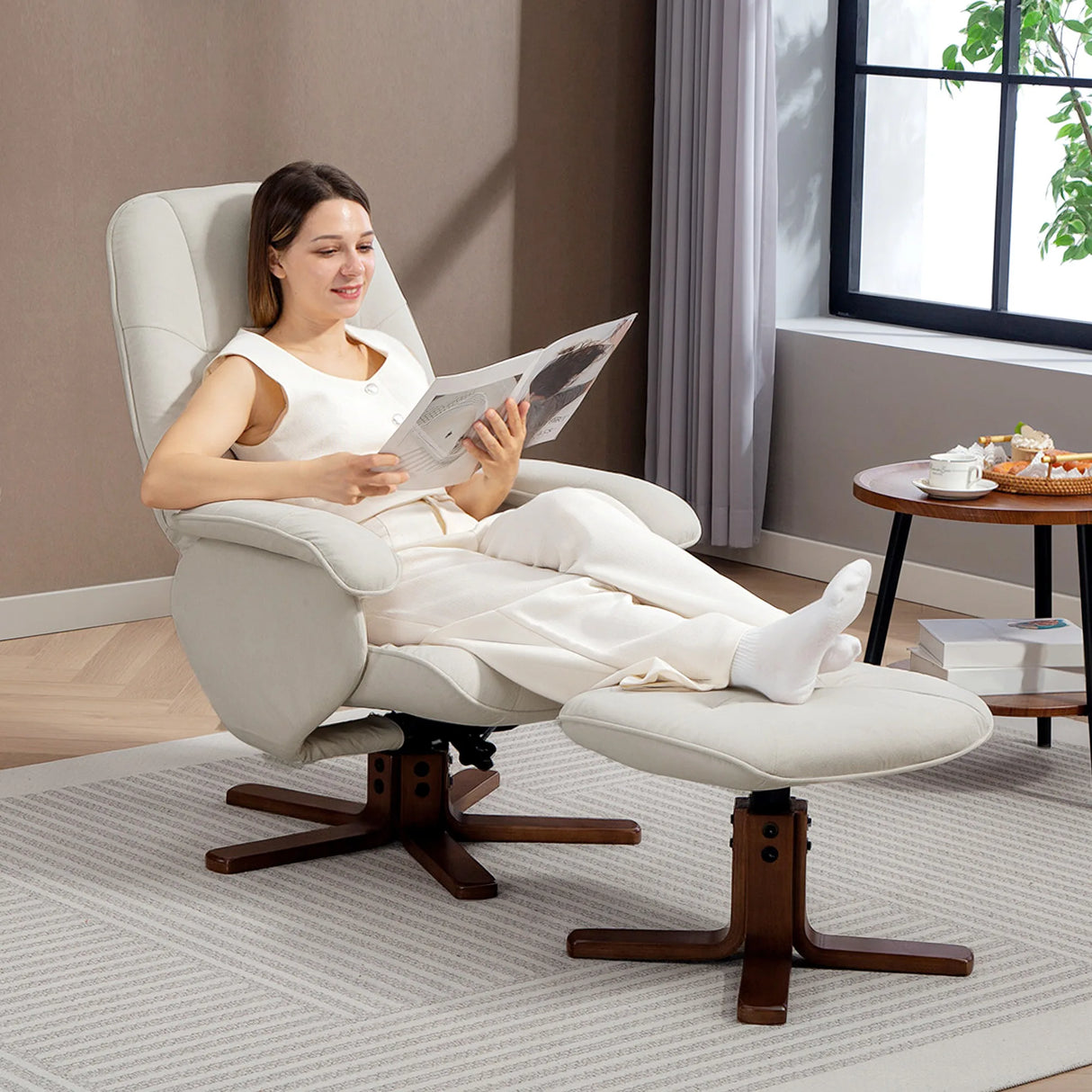 HOMCOM Linen Swivel Recliner Chair with Footstool, Upholstered Reclining Armchair with Wooden Base for Living Room, Beige