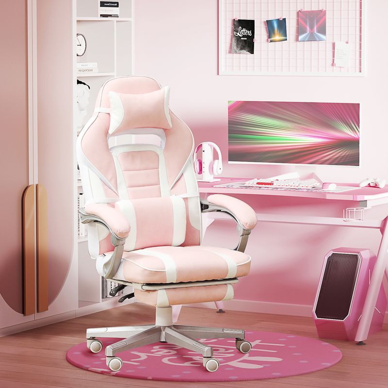 HOMCOM Faux Leather Reclining Gaming Chair, with Footrest - Pink/White