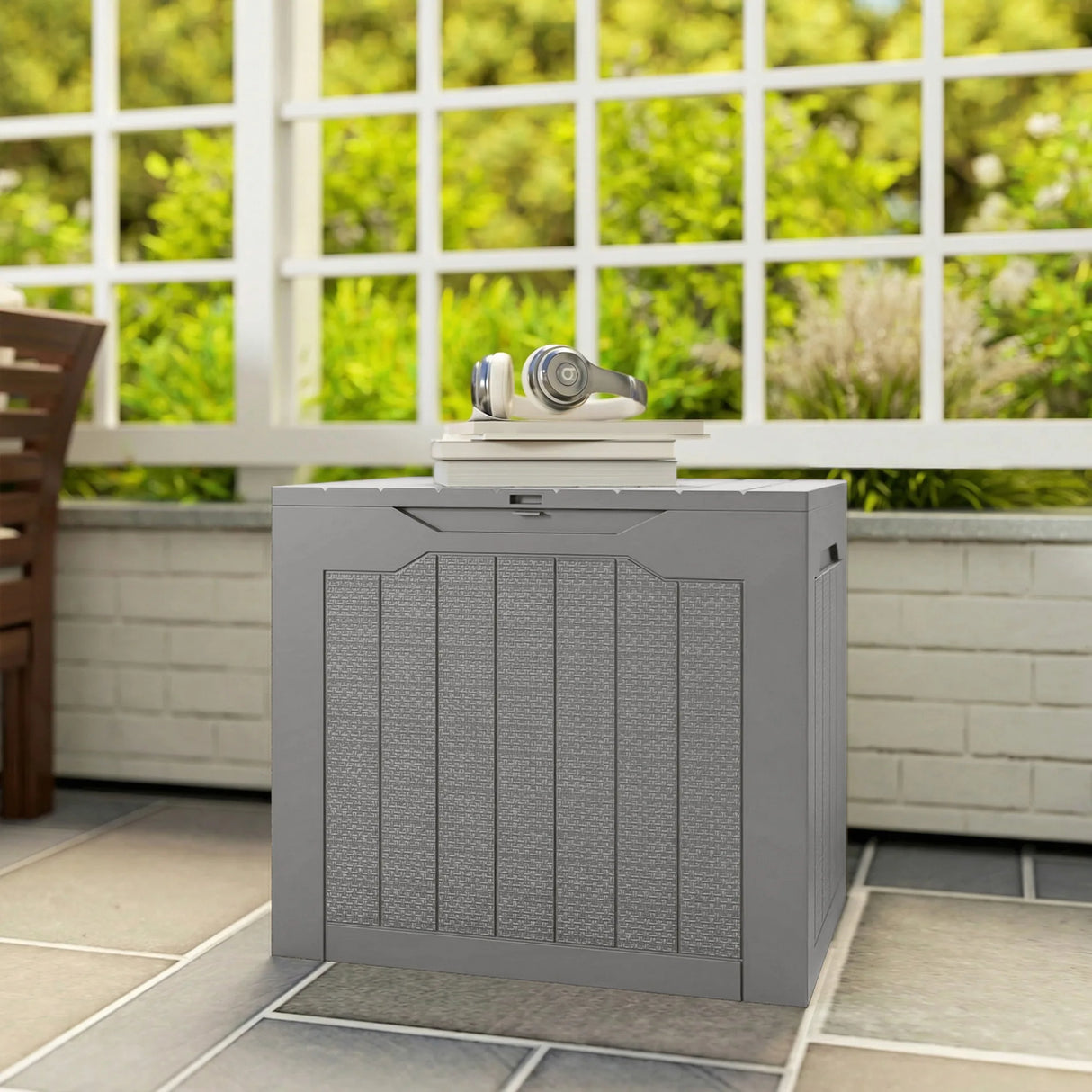 Outsunny 93L Plastic Garden Storage Box, Outdoor Storage Box with Handles, Waterproof Outdoor Storage Container, Khaki