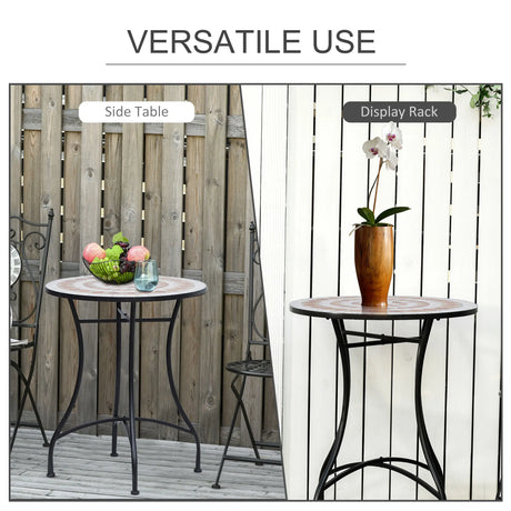 Outsunny 60 cm Mosaic Garden Table, Small Round Outdoor Side Table with Ceramic Top, Plant Stand for Patio, Balcony, Orange and White