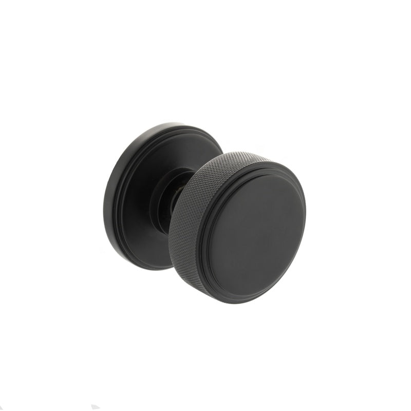 Millhouse Brass Harrison Solid Brass Knurled Mortice Knob on Concealed Fix Rose - Matt Black - Set