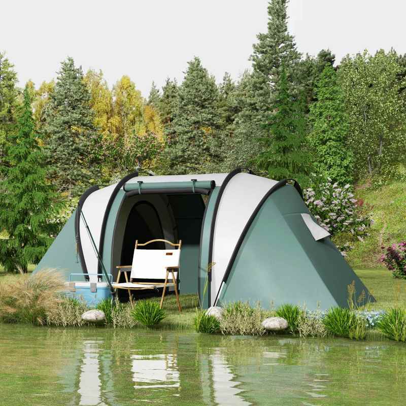 Outsunny Camping Tent with 2 Bedrooms and Living Area, 3000mm Waterproof Family Tent, for Fishing Hiking Festival, Dark Green