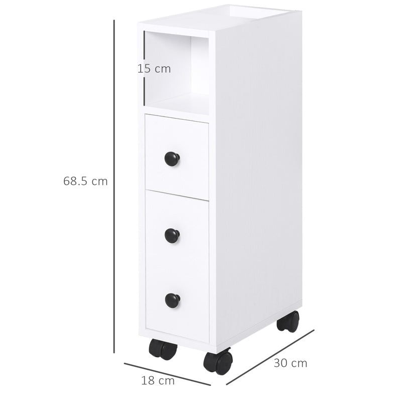 kleankin Slimline Bathroom Storage Unit w/ 2 Drawers 2 Open Compartments Wheels Handles Freestanding Compact Home Office Furniture White