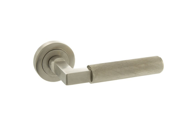 Millhouse Brass Cartwright Knurled Lever Door Handle on Round Rose - Satin Nickel - Set