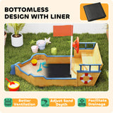 Outsunny Kids Sand Pit, Children Pirate Ship Sandbox with Bench, Bottom Liner, Seat, Natural Wood Tone