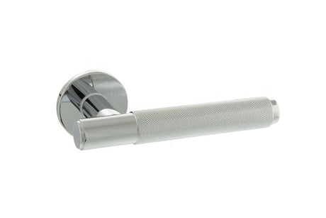 Millhouse Brass Crompton Knurled Lever Door Handle on 5mm Slimline Round Rose - Polished Chrome - Set