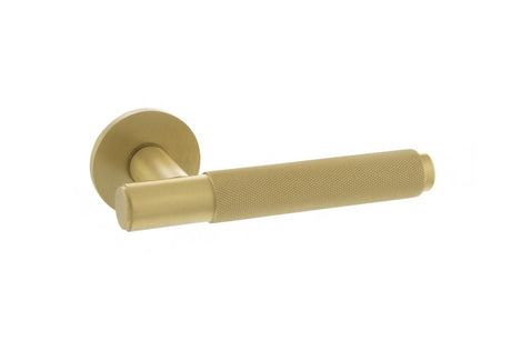 Millhouse Brass Crompton Knurled Lever Door Handle on 5mm Slimline Round Rose - Satin Brass - Set