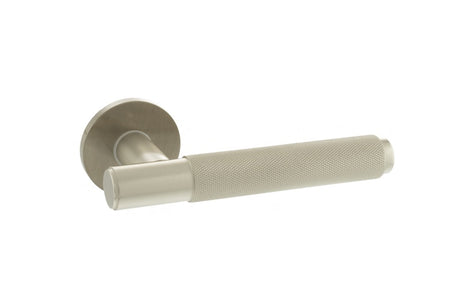 Millhouse Brass Crompton Knurled Lever Door Handle on 5mm Slimline Round Rose - Satin Nickel - Set