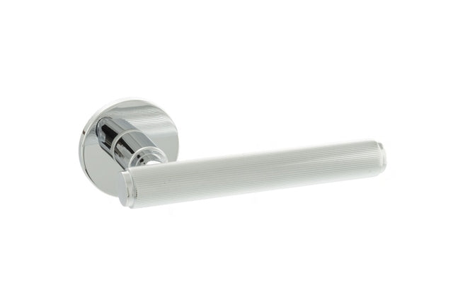 Millhouse Brass Stephenson Knurled Lever Door Handle on 5mm Slimline Round Rose - Polished Chrome - Set