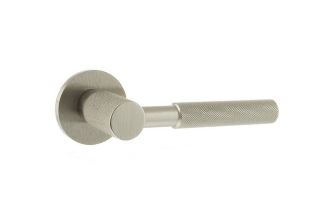 Millhouse Brass Mason Knurled Lever Door Handle on 5mm Slimline Round Rose - Satin Nickel - Set