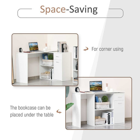 HOMCOM L-Shaped Desk, Corner Computer Desk, Adjustable Study Table with Storage Shelf, Drawer and Cabinet, Workstation for Home Office, White Wood Grain