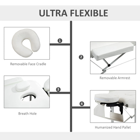 HOMCOM Foldable Massage Bed Portable Table, 3-Section Aluminium Foldable Beauty Couch, Professional Salon Spa Table with Headrest Support and Carry Bag, 81 cm Width, White