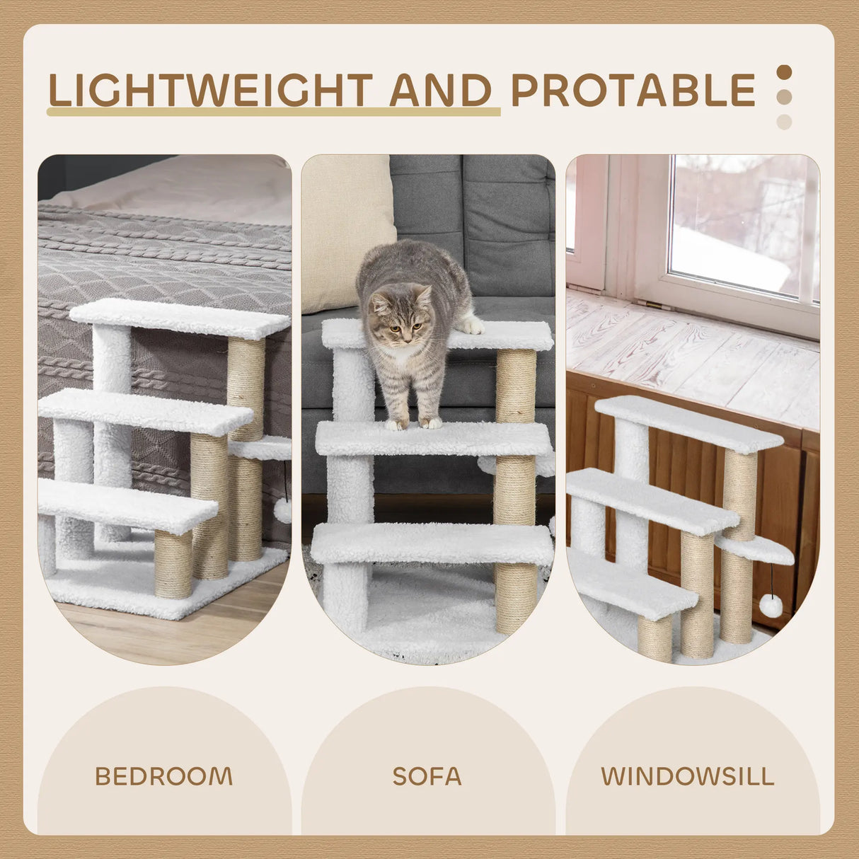 PawHut Pet Stair with 3-step Climb Ladder, Scratching Posts, Platforms, Toy Ball, for Indoor Elderly Cats Kittens, White