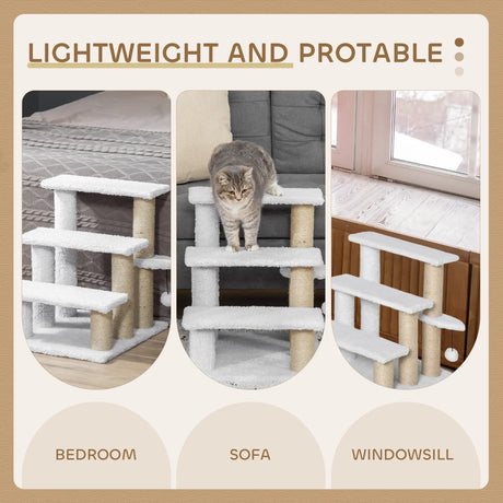 PawHut Pet Stair with 3-step Climb Ladder, Scratching Posts, Platforms, Toy Ball, for Indoor Elderly Cats Kittens, White