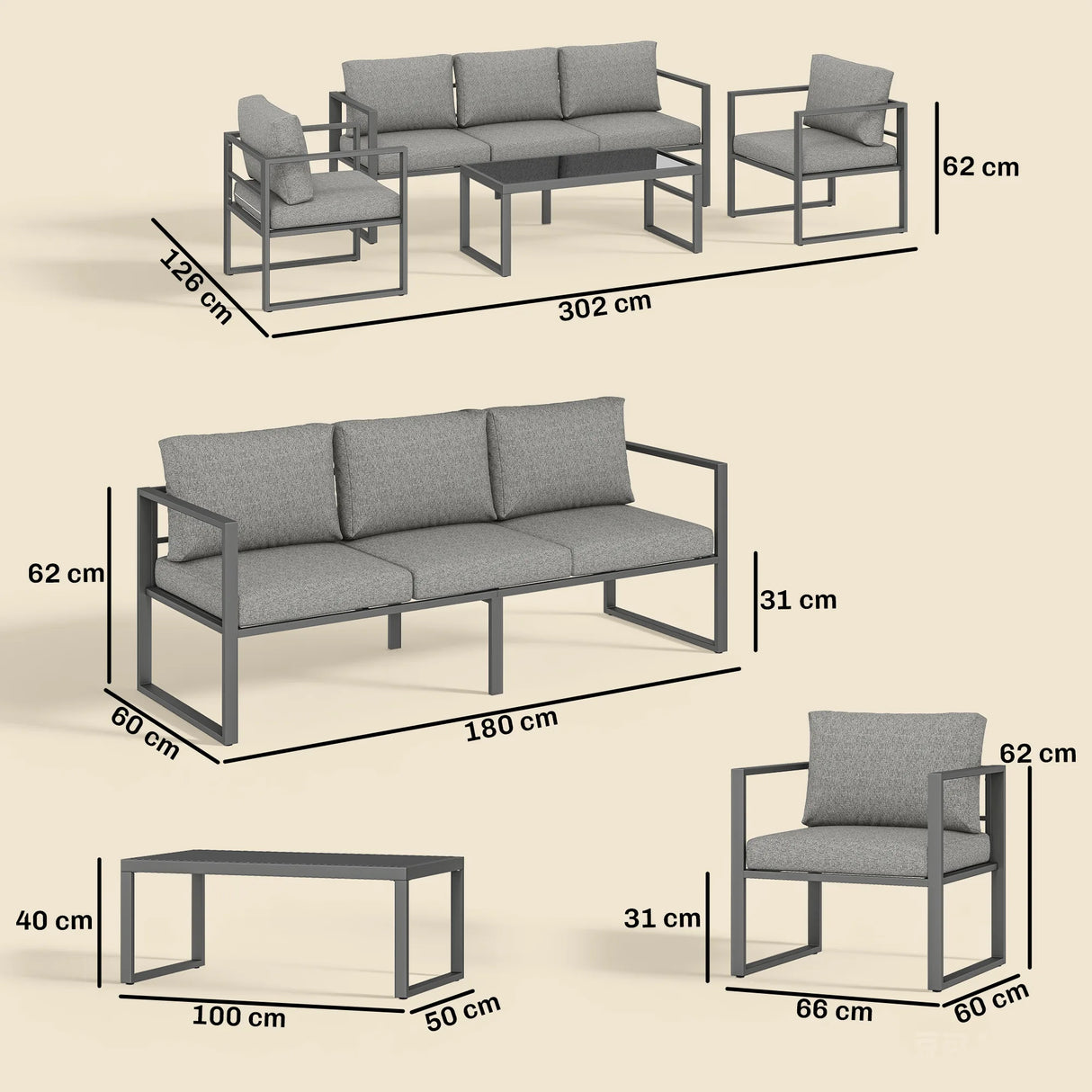 Outsunny 4 Piece Outdoor Garden Furniture Set, Patio Furniture with 3-Seater Sofa, Armchairs and Coffee Table