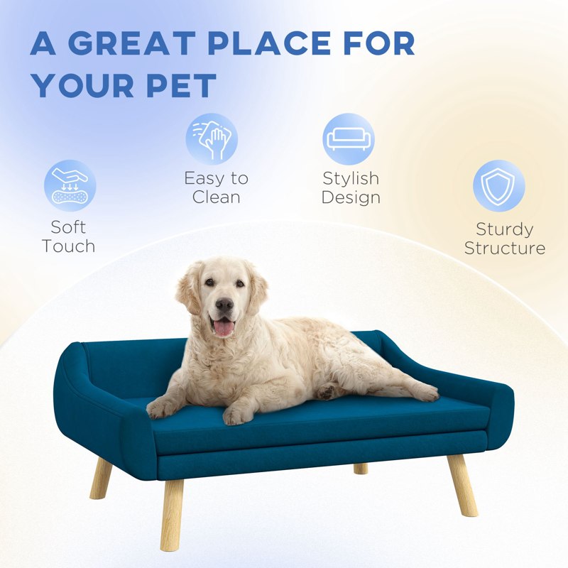 PawHut Dog Couch with Soft Cushion, Pet Sofa Bed with Wooden Frame, Removable Cover, for Medium and Large Dogs, Blue