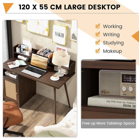 48 Inch Computer Desk with Hutch and PE Rattan Cabinet Shelves-Walnut